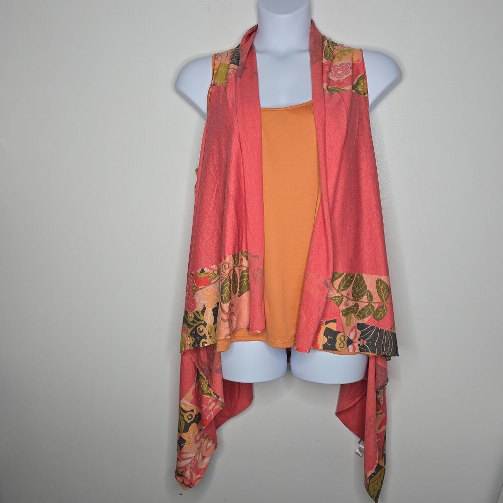 Demdaco Sleeveless Vest Top Cardigan Colorful Lightweight Floral Orange Cami Set